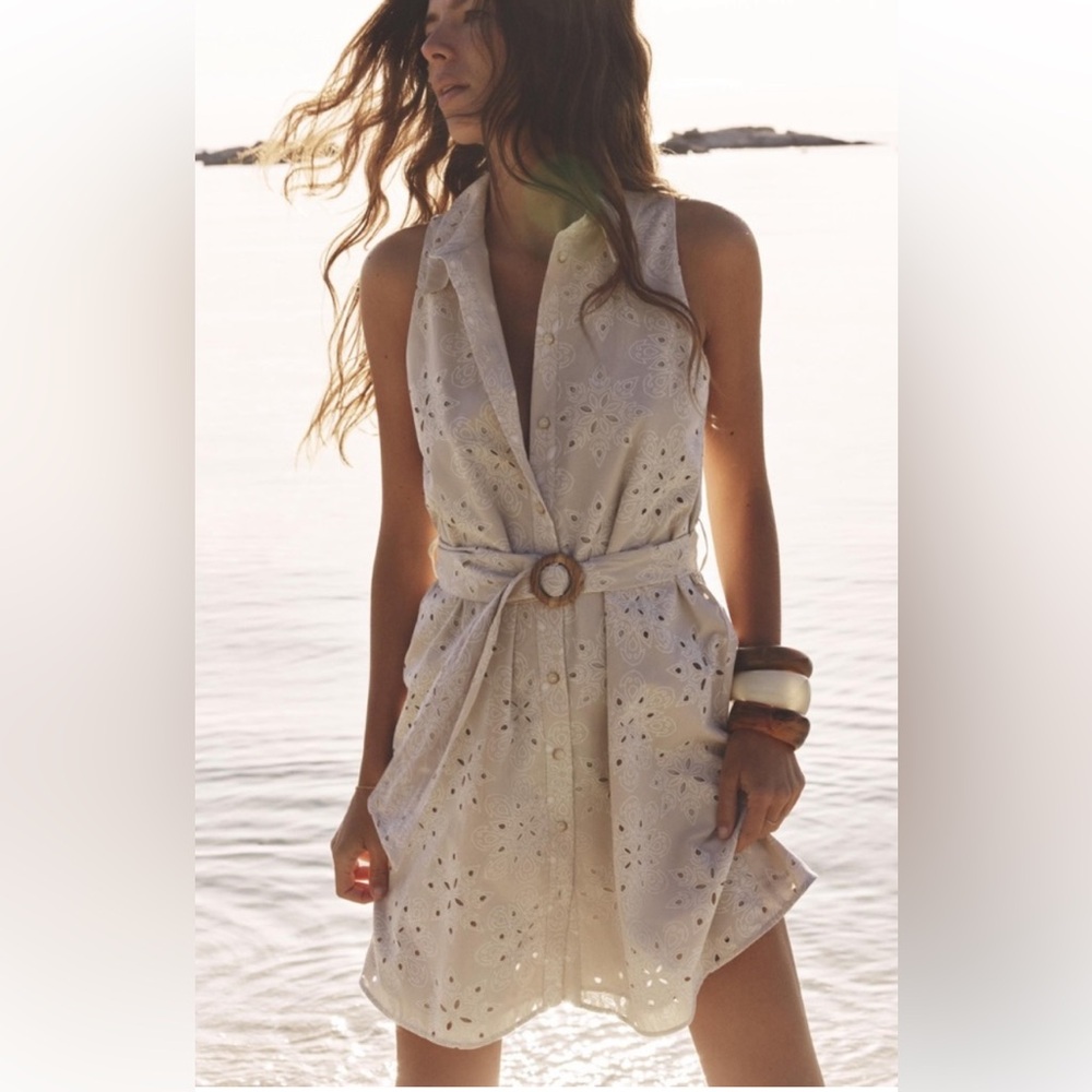 NWT Zara Sleeveless Eyelet Flower Print Belted Mini Shirt Dress size M